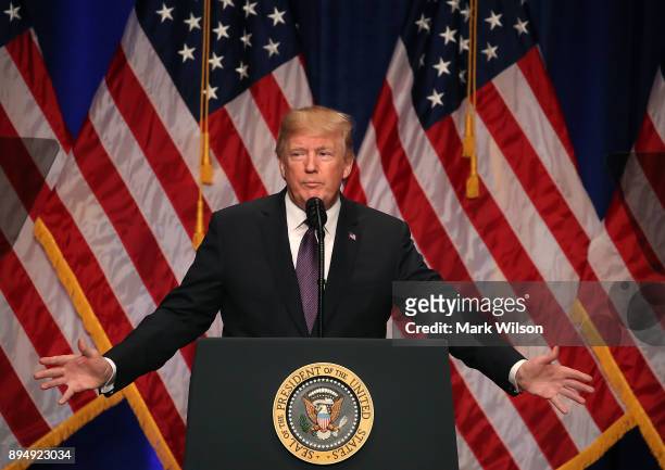 President Donald Trump delivers a speech at the Ronald Reagan Building December 18, 2017 in Washington, DC. The president was expected to outline a...