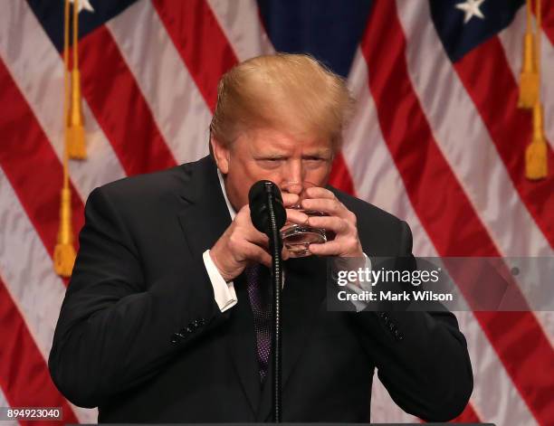 President Donald Trump pauses during a speech at the Ronald Reagan Building December 18, 2017 in Washington, DC. The president was expected to...