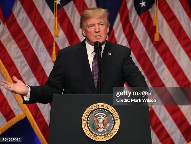 President Donald Trump delivers a speech at the Ronald Reagan Building December 18, 2017 in Washington, DC. The president was expected to outline a...