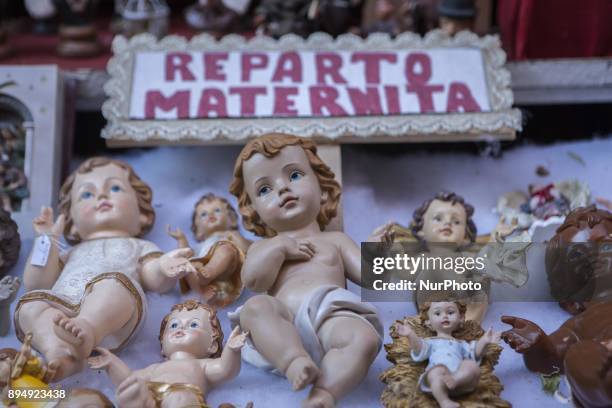 Daily life in 'Via San Gregorio Armeno' in Naples, Italy on December 18, 2017. Various sculptures being sold in Via San Gregorio Armeno, a street...