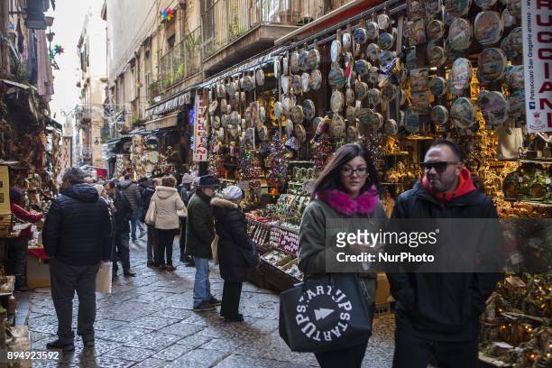 Daily life in 'Via San Gregorio Armeno' in Naples, Italy on December 18, 2017. Various sculptures being sold in Via San Gregorio Armeno, a street...