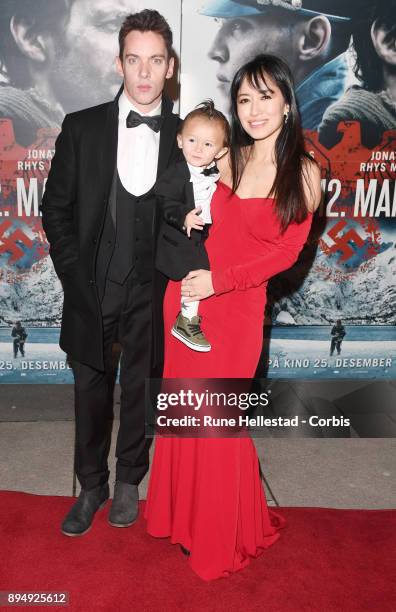 Jonathan Rhys Meyers with wife Mara and son Wolf attend the premiere of The 12th Man at Fredrikstad Cinema on December 18, 2017 in Fredrikstad,...