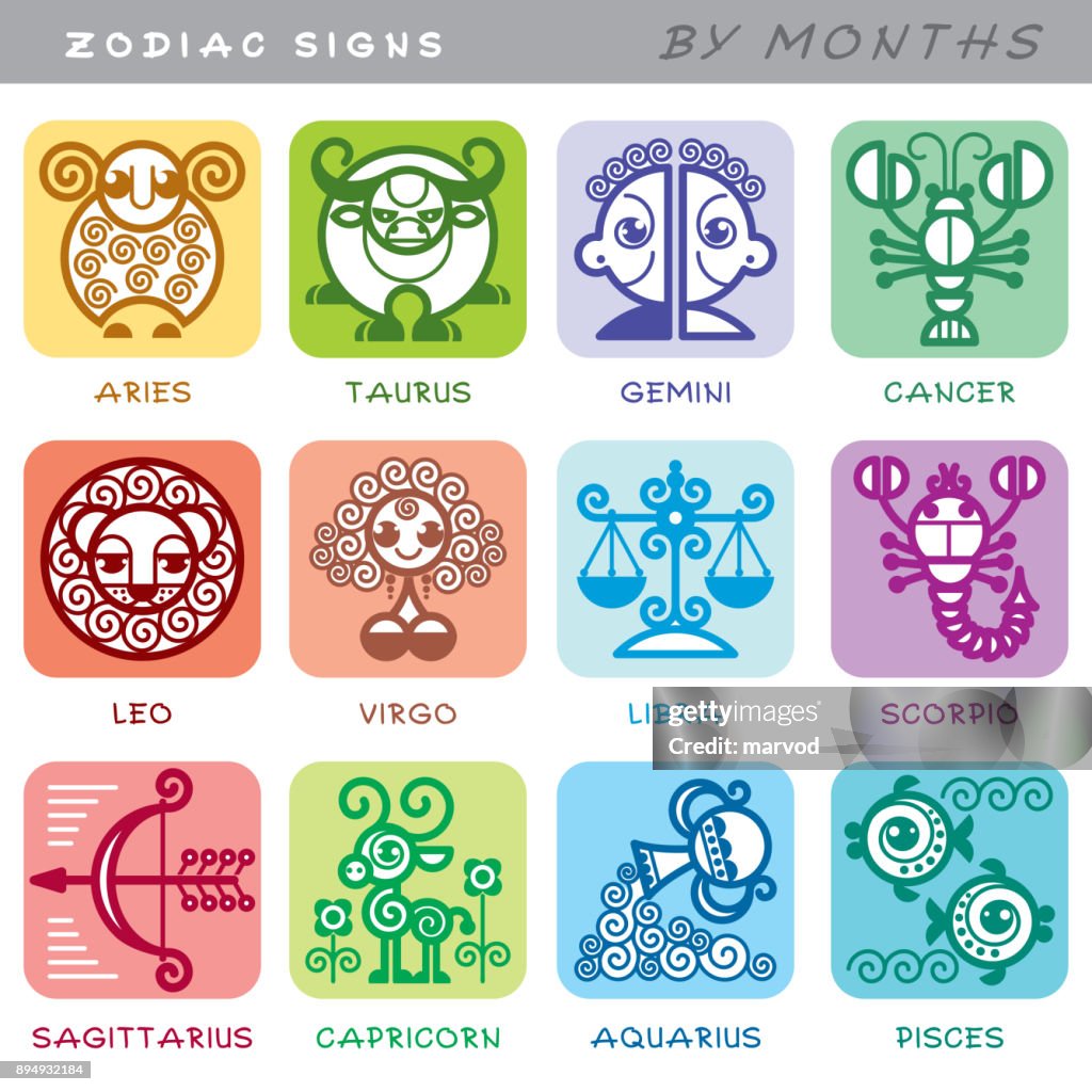 Zodiac Signs Set Of Icons Of Animals By Months Symbols Of Astrological  Calendar High-Res Vector Graphic - Getty Images