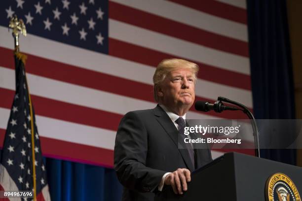 President Donald Trump pauses while speaking during a national security strategy speech at the Ronald Reagan Building in Washington, D.C., U.S., on...