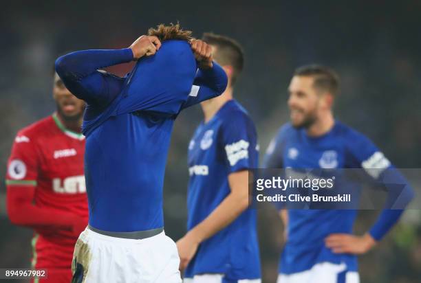 Mason Holgate of Everton reacts as he is booked during the Premier League match between Everton and Swansea City at Goodison Park on December 18,...