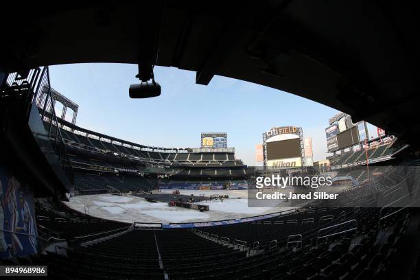 Overview of the rink build process ahead of the 2018 Bridgestone NHL Winter Classic between the Buffalo Sabres and the New York Rangers at Citi Field...