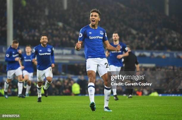 Dominic Calvert-Lewin of Everton celebrates as he scores their first goal during the Premier League match between Everton and Swansea City at...