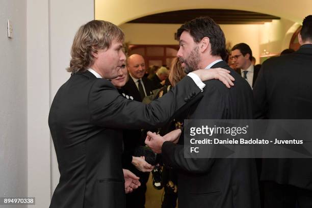 Pavel Nedved and Andrea Agnelli during the Juventus Team Christmas Party at on December 18, 2017 in Turin, Italy.