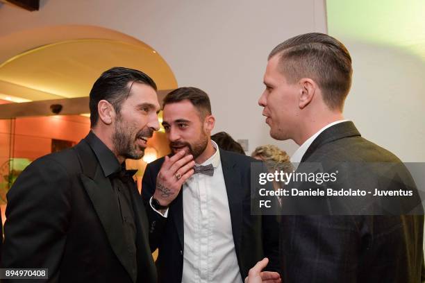 Gianluigi Buffon , Carlo Pinsoglio and Wojciech Szczesny during the Juventus Team Christmas Party at on December 18, 2017 in Turin, Italy.