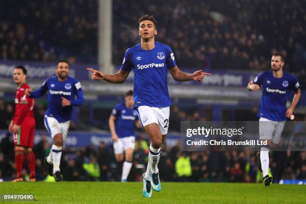 Dominic Calvert-Lewin of Everton celebrates scoring his side's first goal during the Premier League match between Everton and Swansea City at...