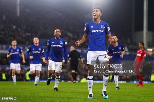 Dominic Calvert-Lewin of Everton celebrates scoring his side's first goal during the Premier League match between Everton and Swansea City at...