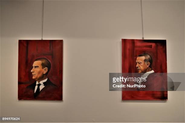 Paintings of Mustafa Kemal Ataturk , founder and the first president of modern Turkey, and Turkish President Recep Tayyip Erdogan are seen together...