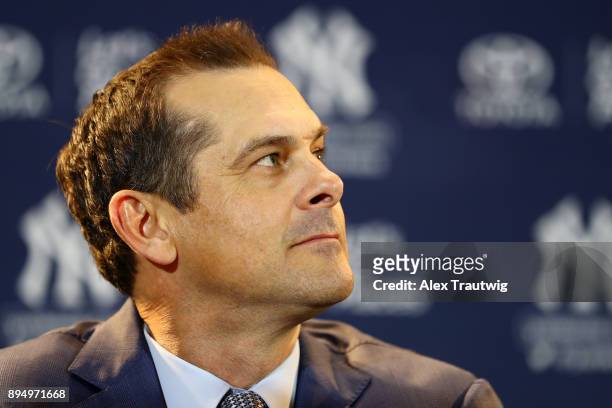 Manager Aaron Boone of the New York Yankees looks on during a press conference introducing Giancarlo Stanton at the 2017 Winter Meetings at the Walt...