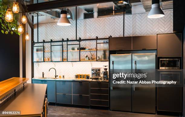 modern creative office kitchen interior. - office kitchen stock pictures, royalty-free photos & images
