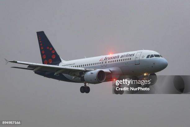 Brussels Airlines fleet as seen in Brussels International Airport Zavantem in a rainy day in early December 2017. Brussels Airlines is the flag...