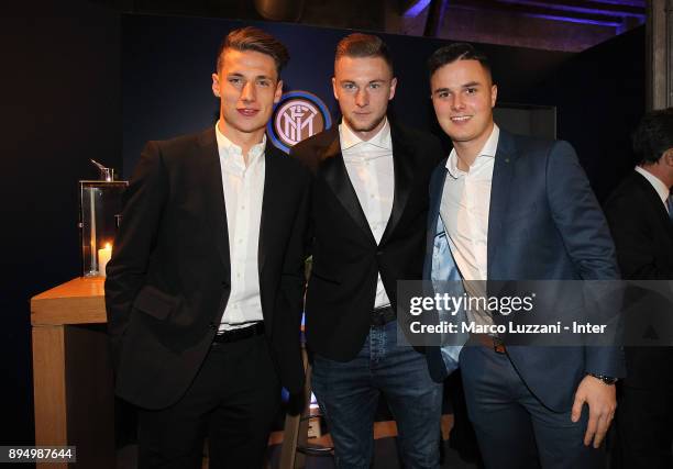 Andrea Pinamonti, Milan Skriniar and Zinho Vanheusden of FC Internazionale attend FC Internazionale Christmas Party on December 18, 2017 in Milan,...