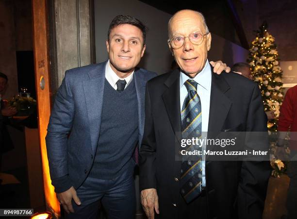 Vice President of FC Internazionale Milano Javier Zanetti and Luis Suarez attend FC Internazionale Christmas Party on December 18, 2017 in Milan,...