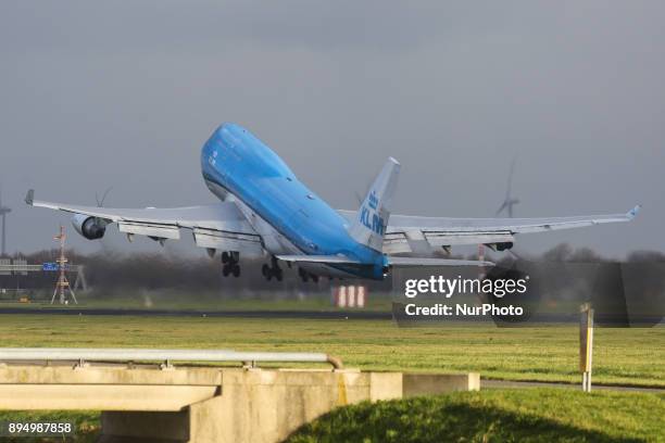 The Royal Dutch Airlines as seen in Amsterdam, Schiphol Airport in November 2017 while landing, taking off and taxiing. KLM uses Amsterdam airport as...