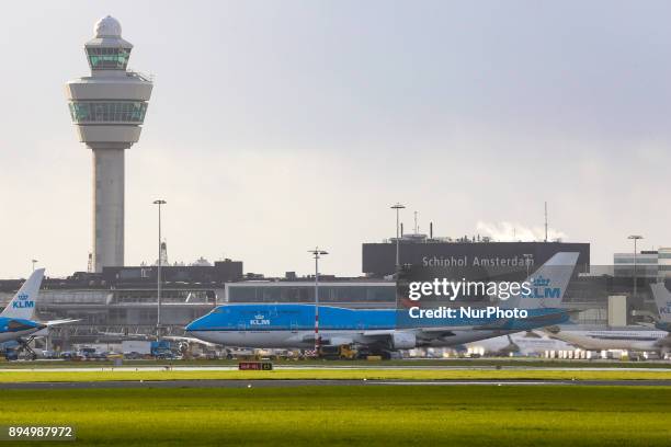 The Royal Dutch Airlines as seen in Amsterdam, Schiphol Airport in November 2017 while landing, taking off and taxiing. KLM uses Amsterdam airport as...