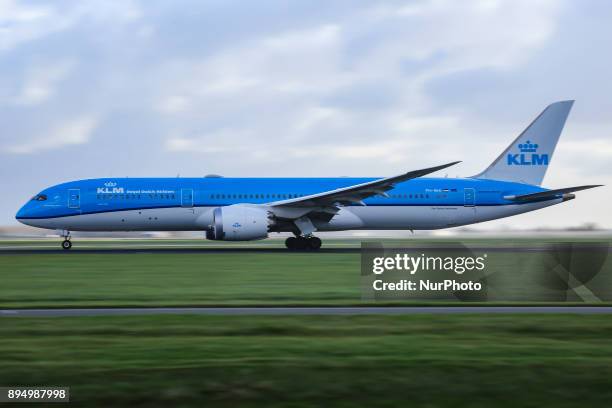 The Royal Dutch Airlines as seen in Amsterdam, Schiphol Airport in November 2017 while landing, taking off and taxiing. KLM uses Amsterdam airport as...