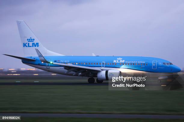 The Royal Dutch Airlines as seen in Amsterdam, Schiphol Airport in November 2017 while landing, taking off and taxiing. KLM uses Amsterdam airport as...