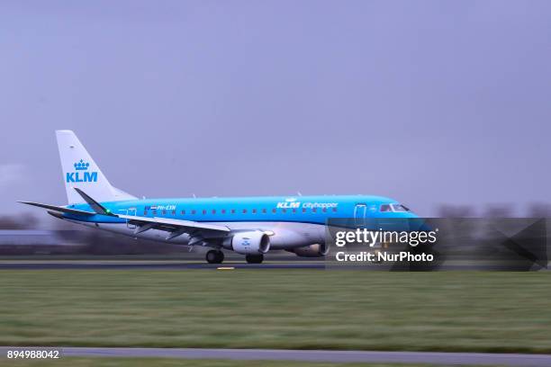 The Royal Dutch Airlines as seen in Amsterdam, Schiphol Airport in November 2017 while landing, taking off and taxiing. KLM uses Amsterdam airport as...