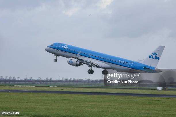 The Royal Dutch Airlines as seen in Amsterdam, Schiphol Airport in November 2017 while landing, taking off and taxiing. KLM uses Amsterdam airport as...