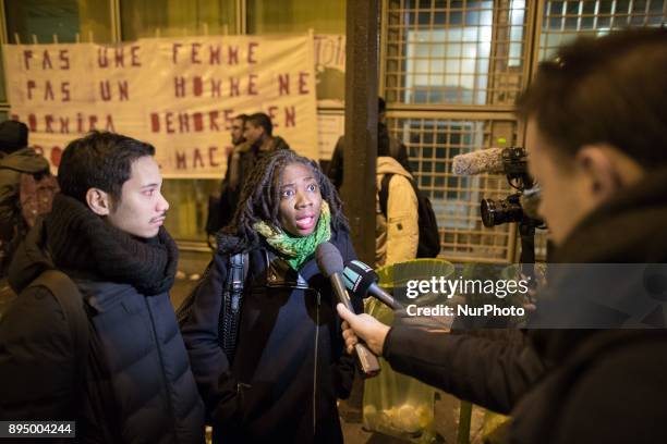 La France Insoumise leftist party's Member of Parliament Daniele Obono take part in a rally in Paris on December 18, 2017 in front of the enter of...