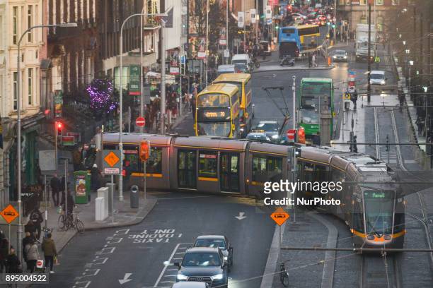 View of a busy traffic in Dublin's city center, just a few days ahead of Christmas. On Monday, 18 December 2017, in Dublin, Ireland.