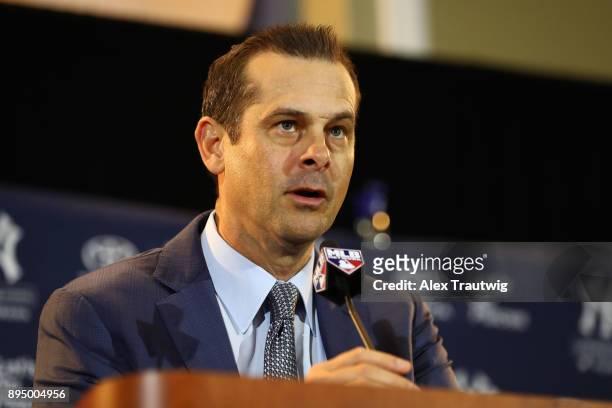 Manager Aaron Boone of the New York Yankees speaks during a press conference introducing Giancarlo Stanton at the 2017 Winter Meetings at the Walt...
