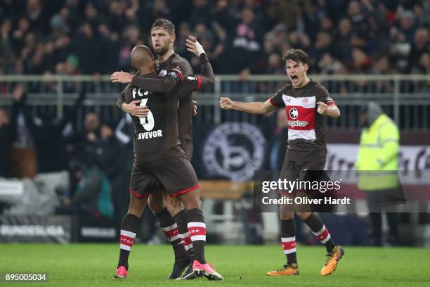 Luca Milan Zander,Christopher Avevor and Lasse Sobiech of Pauli celebrate after the Second Bundesliga match between FC St. Pauli and VfL Bochum 1848...