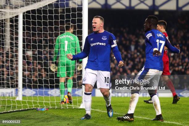 Wayne Rooney of Everton celebrates scoring his side's third goal during the Premier League match between Everton and Swansea City at Goodison Park on...