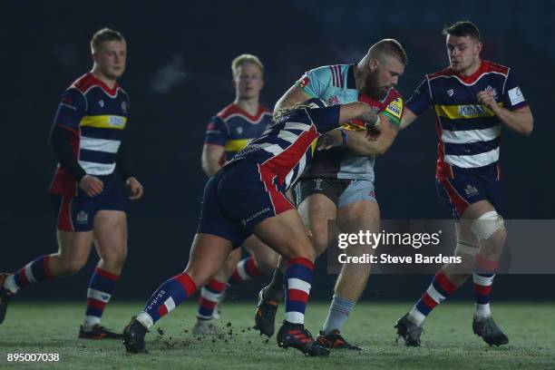 Cameron Holenstein of Harlequins A takes on the Bristol United defence during the Aviva A League match between Harlequins A and Bristol United at...