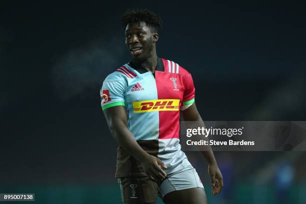 Gabriel Ibitoye of Harlequins A during the Aviva A League match between Harlequins A and Bristol United at Twickenham Stoop on December 18, 2017 in...