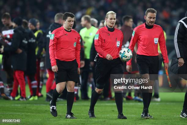 Referee Bibiana Steinhaus walk off after the Second Bundesliga match between FC St. Pauli and VfL Bochum 1848 at Millerntor Stadium on December 18,...