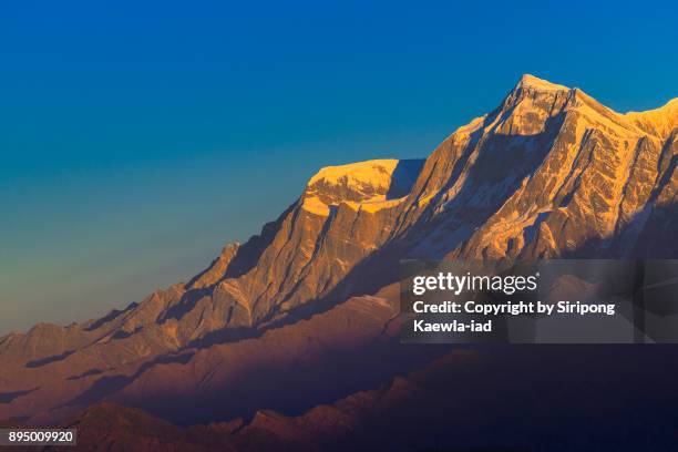 close up of the gurja himal peak (7,193 m.) during the sunrise from the poon hill viewpoint, nepal. - yuri malenchenko stock pictures, royalty-free photos & images