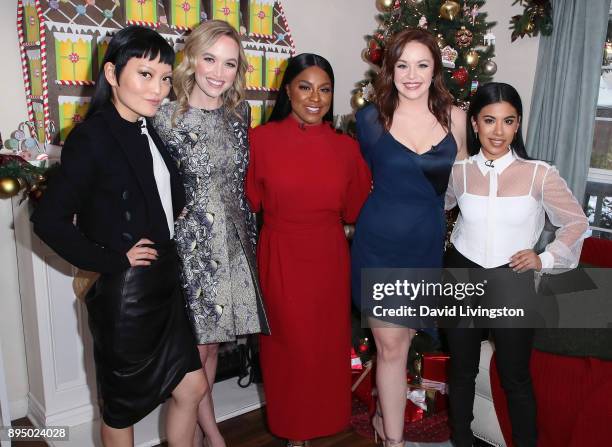 Actresses Hana Mae Lee, Kelley Jakle, Ester Dean, Shelley Regner and Chrissie Fit visit Hallmark's "Home & Family" at Universal Studios Hollywood on...