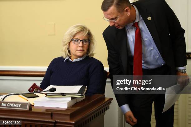 House Rules Committee members Rep. Liz Cheney and Rep. Doug Collins talk during a break in a hearing at the U.S. Capitol December 18, 2017 in...