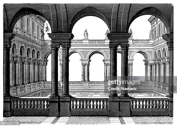 court of the palazzo borghese at rome. built by martino lunghi towards the end of the 16th century - villa borghese stock illustrations