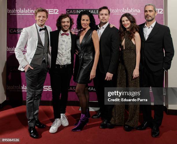 Guido Balzaretti, Fabio Arrante, Nina, Roger Berruezo, Jana Gomez and Nando Gonzalez attend the 'Casi normales' premiere at La Latina theatre on...