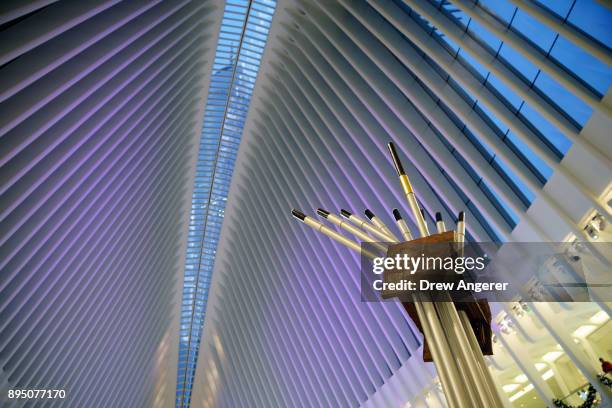 View of a new Hanukkah menorah that incorporates steel from the destroyed World Trade Center, before a lighting ceremony inside the Oculus World...