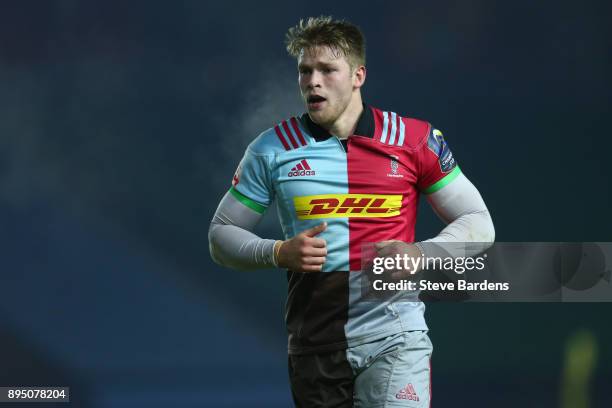 Henry Cheeseman of Harlequins A during the Aviva A League match between Harlequins A and Bristol United at Twickenham Stoop on December 18, 2017 in...