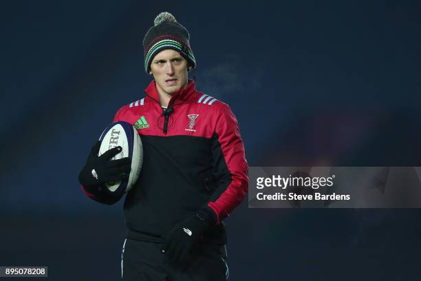 The Harlequins Academy Transition Coach, Tom Williams looks on prior to the Aviva A League match between Harlequins A and Bristol United at...