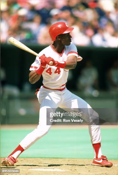 Eric Davis of the Cincinnati Reds bats in an MLB game at Riverfront Stadium in Cincinnati, Ohio during the 1987 season.