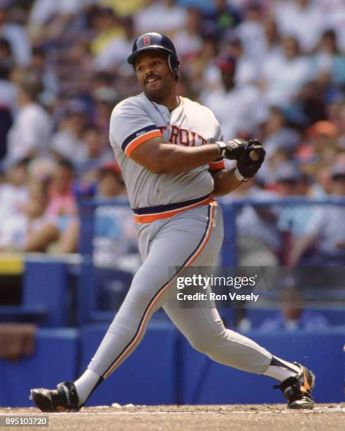 Cecil Fielder of the Detroit Tigers bats in an MLB game against the Cleveland Indians during the 1988 season at Municipal Stadium in Cleveland, Ohio.