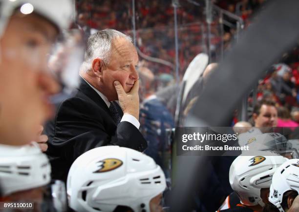 Randy Carlyle of the Anaheim Ducks handles bench duties against the New Jersey Devils at the Prudential Center on December 18, 2017 in Newark, New...