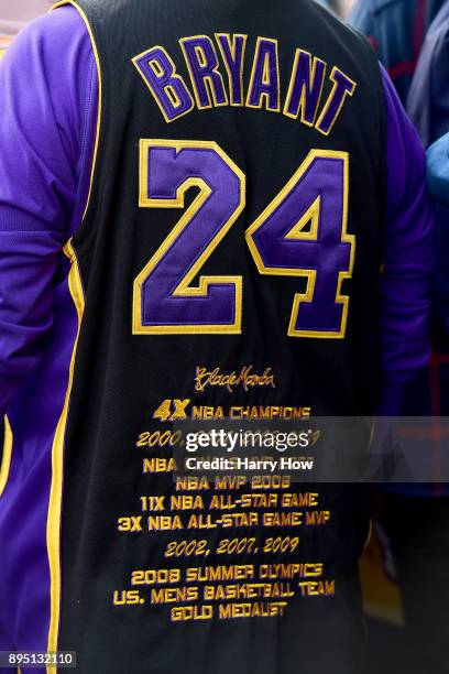 The back of a fan's jersey at Kobeland before a jersey retirement ceremony for Kobe Bryant's and of the Los Angeles Lakers at Staples Center on...