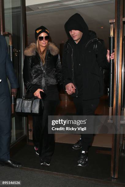 Paris Hilton and Chris Zylka seen leaving Mayfair hotel on December 18, 2017 in London, England.