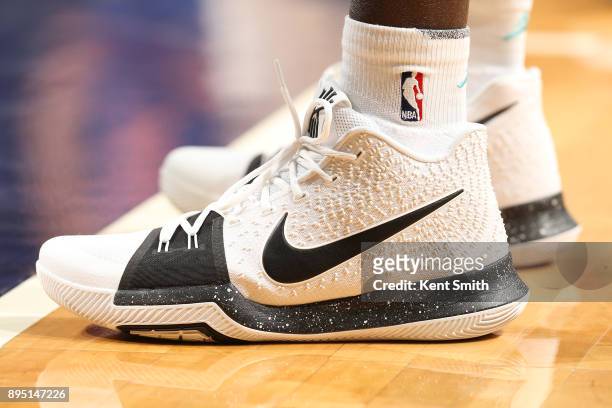 The sneakers of Mangok Mathiang of the Charlotte Hornets are seen during the game against the New York Knicks on December 18, 2017 at Spectrum Center...