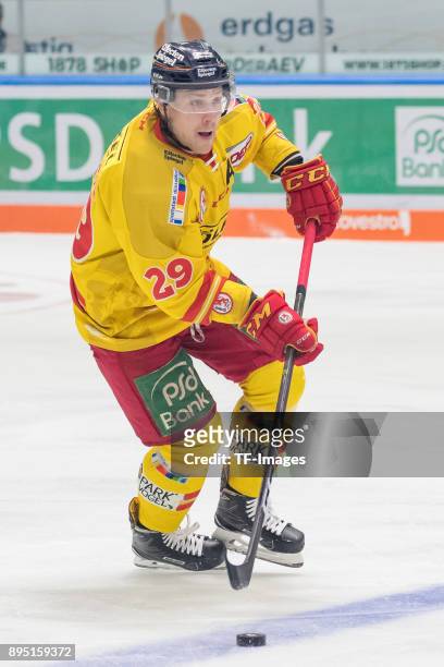 Alexander Barta of Duesseldorfer EG controls the ball during the DEL match between Augsburger Panther and Duesseldorfer EG on December 15, 2017 in...